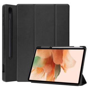 For Samsung Galaxy Tab S7 Lite T730 / T735 / Tab S7 FE T736 Pure Color Horizontal Flip TPU + PU Leather Case with Three-folding Holder & Sleep / Wake-up Function & Pen Slot(Black) (OEM)