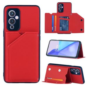 For OnePlus 9 Skin Feel PU + TPU + PC Back Cover Shockproof Case with Card Slots & Holder & Photo Frame(Red) (OEM)