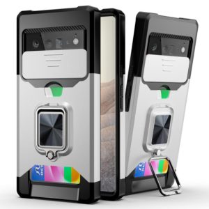 For Google Pixel 6 Pro Sliding Camera Cover Design PC + TPU Shockproof Case with Ring Holder & Card Slot(Silver) (OEM)
