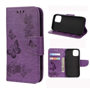 For iPhone 12 / 12 Pro Vintage Embossed Floral Butterfly Pattern Horizontal Flip Leather Case with Card Slot & Holder & Wallet & Lanyard(Purple) (OEM)