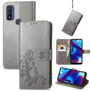 For Motorola Moto G Pure Four-leaf Clasp Embossed Leather Case with Lanyard & Card Slot & Wallet & Holder(Grey) (OEM)