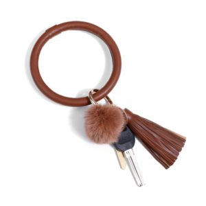2 PCS Fringed Bracelet Keychain Circle Anti-Lost PU Leather Hairball Bracelet Keyring Pendant( Coffee)