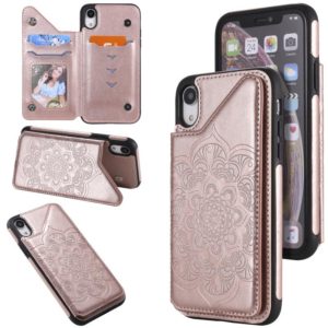 For iPhone XR Flower Embossing Pattern Shockproof Protective Case with Holder & Card Slots & Photo Frame(Rose Gold) (OEM)