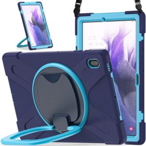 For Samsung Galaxy Tab S7 FE T730 Silicone + PC Protective Case with Holder & Shoulder Strap(Navy Blue + Blue) (OEM)