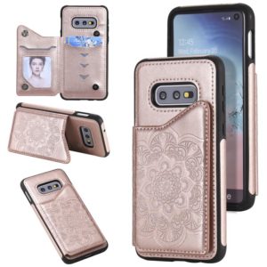 For Samsung Galaxy S10e Flower Embossing Pattern Shockproof Protective Case with Holder & Card Slots & Photo Frame(Rose Gold) (OEM)