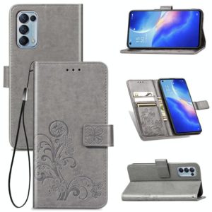 For OPPO Reno5 5G Four-leaf Clasp Embossed Buckle Leather Phone Case with Lanyard & Card Slot & Wallet & Holder(Gray) (OEM)