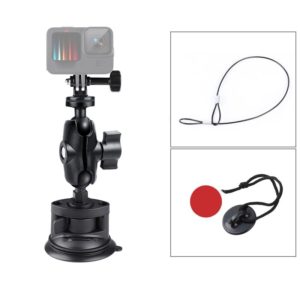 Single Suction Cup Mount Holder with Tripod Adapter & Steel Tether & Safety Buckle (Black) (OEM)