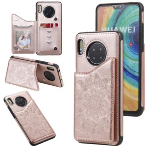 For Huawei Mate 30 Flower Embossing Pattern Shockproof Protective Case with Holder & Card Slots & Photo Frame(Rose Gold) (OEM)