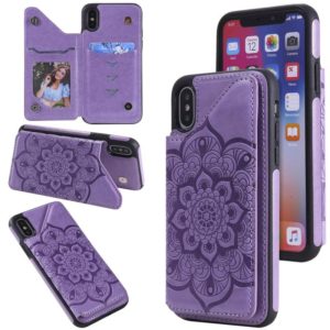 For iPhone X / XS Flower Embossing Pattern Shockproof Protective Case with Holder & Card Slots & Photo Frame(Purple) (OEM)
