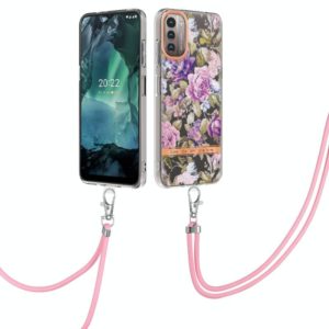 For Nokia G21/G11 Flowers Series TPU Phone Case with Lanyard(Purple Peony) (OEM)