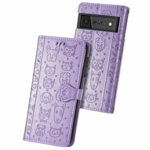 For Google Pixel 6 Cat and Dog Embossed Horizontal Flip Phone Leather Case with Holder & Card Slot & Wallet & Lanyard(Purple) (OEM)