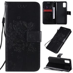 For Samsung Galaxy A41 Tree & Cat Embossed Pattern Horizontal Flip Leather Case with Holder & Card Slots & Wallet & Lanyard(Black) (OEM)