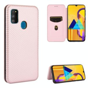 For Samsung Galaxy M30s / M21 Carbon Fiber Texture Horizontal Flip TPU + PC + PU Leather Case with Rope & Card Slot(Pink) (OEM)