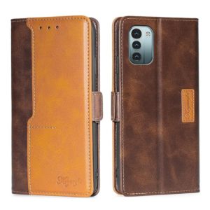 For Nokia G21/G11 Contrast Color Side Buckle Leather Phone Case(Dark Brown + Gold) (OEM)