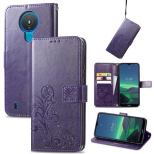 For Nokia 1.4 Four-leaf Clasp Embossed Buckle Mobile Phone Protection Leather Case with Lanyard & Card Slot & Wallet & Bracket Function(Purple) (OEM)