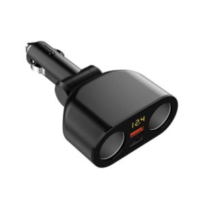 2 Cigarette Lighters + 2 USB Ports Multi-function Car Charger with Digital Display(Black) (OEM)