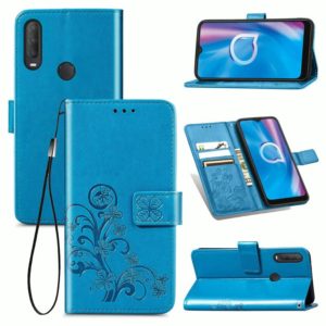 For Alcatel 1S (2020) Four-leaf Clasp Embossed Buckle Mobile Phone Protection Leather Case with Lanyard & Card Slot & Wallet & Holder Function(Blue) (OEM)