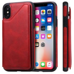For iPhone X Shockproof Calf Texture Protective Case with Holder & Card Slots & Frame(Red) (OEM)