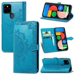 For Google Pixel 5A Mandala Flower Embossed Horizontal Flip Leather Case with Bracket / Card Slot / Wallet / Lanyard(Blue) (OEM)