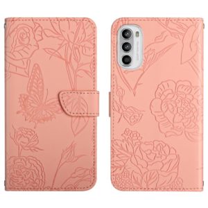 For Motorola Moto G52 Skin Feel Butterfly Peony Embossed Leather Phone Case(Pink) (OEM)
