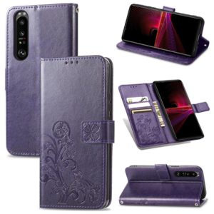 For Sony Xperia 1 III Four-leaf Clasp Embossed Buckle Mobile Phone Protection Leather Case with Lanyard & Card Slot & Wallet & Bracket Function(Purple) (OEM)