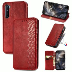 For One Plus Nord Cubic Grid Pressed Horizontal Flip Magnetic PU Leather Case with Holder & Card Slots & Wallet(Red) (OEM)