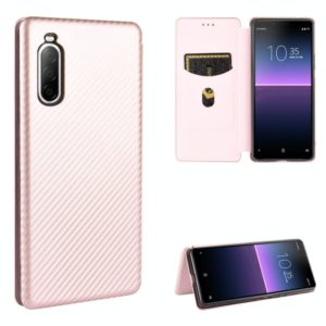 For Sony Xperia 10 II Carbon Fiber Texture Horizontal Flip TPU + PC + PU Leather Case with Card Slot(Pink) (OEM)