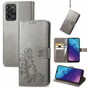 For ZTE V30 Vita Four-leaf Clasp Embossed Leather Case with Lanyard & Card Slot & Wallet & Holder(Grey) (OEM)