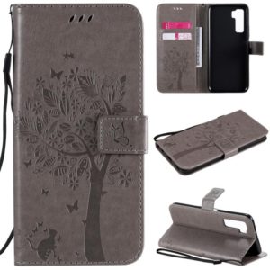 For Huawei Nova 7 SE Tree & Cat Embossed Pattern Horizontal Flip Leather Case with Holder & Card Slots & Wallet & Lanyard(Grey) (OEM)
