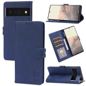 For Google Pixel 6 Pro Embossed Happy Cat Pattern Horizontal Flip Leather Case with Holder & Card Slots & Wallet(Blue) (OEM)