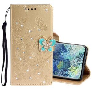 For Samsung Galaxy A31 Diamond Encrusted Butterflies Embossing Pattern Horizontal Flip Leather Case with Holder & Card Slots & Wallet & Lanyard(Gold) (OEM)
