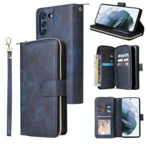 For Samsung Galaxy S21 FE Zipper Wallet Bag Horizontal Flip PU Leather Case with Holder & 9 Card Slots & Wallet & Lanyard & Photo Frame(Blue) (OEM)