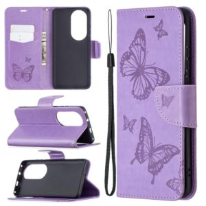 For Huawei P50 Pro Two Butterflies Embossing Pattern Horizontal Flip Leather Case with Holder & Card Slot & Wallet & Lanyard(Purple) (OEM)