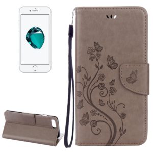 For iPhone 8 Plus & 7 Plus Flowers Embossing Horizontal Flip Leather Case with Holder & Card Slots & Wallet & Lanyard(Grey) (OEM)