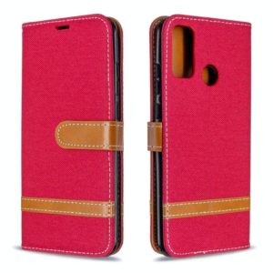 For Huawei P Smart (2020) Color Matching Denim Texture Horizontal Flip Leather Case with Holder & Card Slots & Wallet & Lanyard(Red) (OEM)