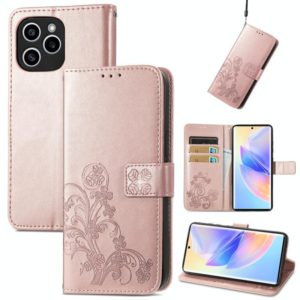 For Honor 60 SE Four-leaf Clasp Embossed Buckle Leather Phone Case(Rose Gold) (OEM)