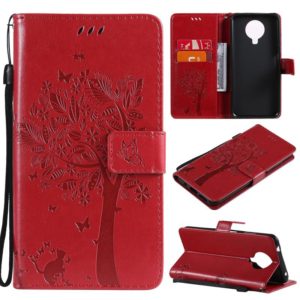 For Nokia 6.3 Tree & Cat Pattern Pressed Printing Horizontal Flip PU Leather Case with Holder & Card Slots & Wallet & Lanyard(Red) (OEM)