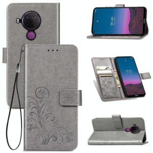 For Nokia 5.4 Four-leaf Clasp Embossed Buckle Mobile Phone Protection Leather Case with Lanyard & Card Slot & Wallet & Bracket Function(Gray) (OEM)