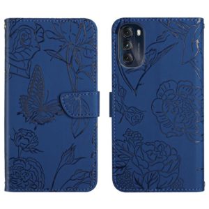 For Motorola Moto G 5G 2022 Skin Feel Butterfly Peony Embossed Leather Phone Case(Blue) (OEM)