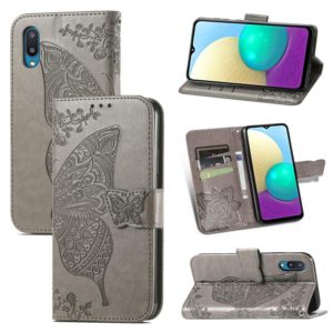 For Samsung Galaxy A02 Butterfly Love Flower Embossed Horizontal Flip Leather Case with Bracket & Card Slot & Wallet & Lanyard(Gray) (OEM)