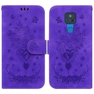 For Motorola Moto G Play 2021 Butterfly Rose Embossed Leather Phone Case(Purple) (OEM)