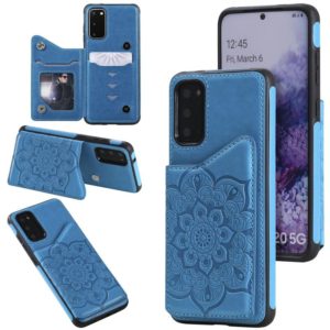 For Samsung Galaxy S20 Flower Embossing Pattern Shockproof Protective Case with Holder & Card Slots & Photo Frame(Blue) (OEM)
