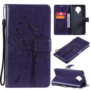 For Nokia 6.3 Tree & Cat Pattern Pressed Printing Horizontal Flip PU Leather Case with Holder & Card Slots & Wallet & Lanyard(Purple) (OEM)