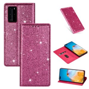 For Huawei P40 Ultrathin Glitter Magnetic Horizontal Flip Leather Case with Holder & Card Slots(Rose Red) (OEM)