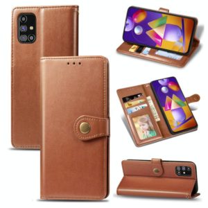 For Samsung Galaxy M31s Solid Color Leather Buckle Phone Case with Lanyard & Photo Frame & Card Slot & Wallet & Stand Function(Brown) (OEM)