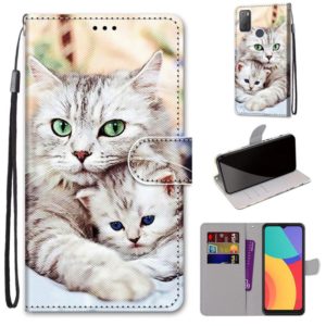 For Alcatel 3L 2021 Coloured Drawing Cross Texture Horizontal Flip PU Leather Case with Holder & Card Slots & Wallet & Lanyard(Big Cat Holding Kitten) (OEM)