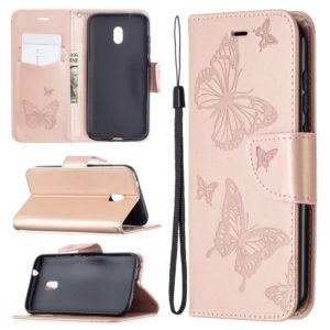 For Nokia C1 Plus Two Butterflies Embossing Pattern Horizontal Flip Leather Case with Holder & Card Slot & Wallet & Lanyard(Rose Gold) (OEM)