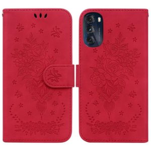 For Motorola Moto G 2022 Butterfly Rose Embossed Leather Phone Case(Red) (OEM)