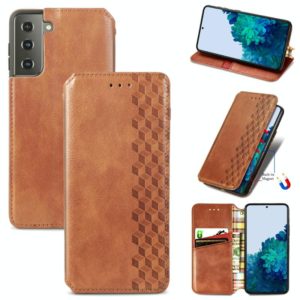 For Samsung Galaxy S21+ 5G Cubic Grid Pressed Horizontal Flip Magnetic PU Leather Case with Holder & Card Slots & Wallet(Brown) (OEM)