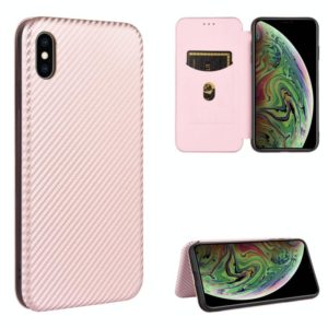 For iPhone XS Max Carbon Fiber Texture Horizontal Flip TPU + PC + PU Leather Case with Card Slot(Pink) (OEM)
